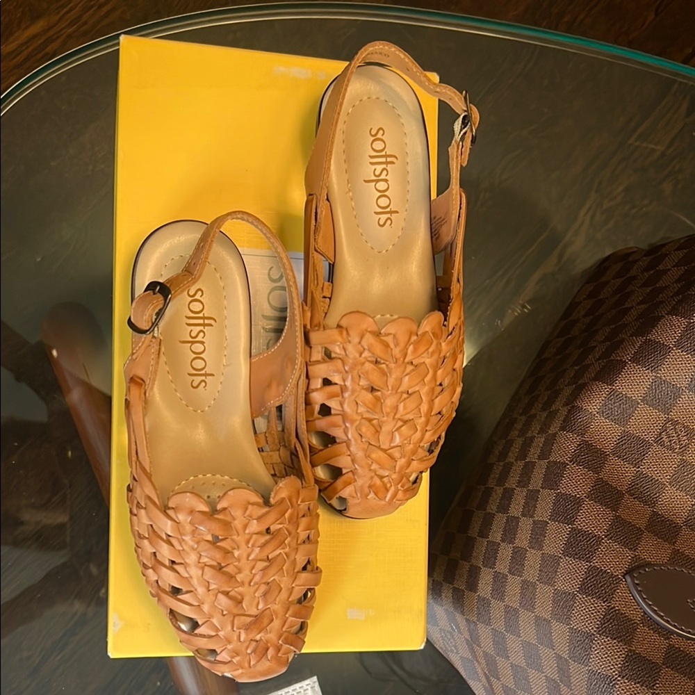 Softspots Tan Leather Sandals with Woven Design